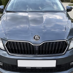 Może przedstawiać: Szary samoch&oacute;d Skoda Octavia, widok z przodu. Samoch&oacute;d ma czarną kratkę, reflektory i białe miejsce na tablicę rejestracyjną. Logo Skody znajduje się nad kratką.