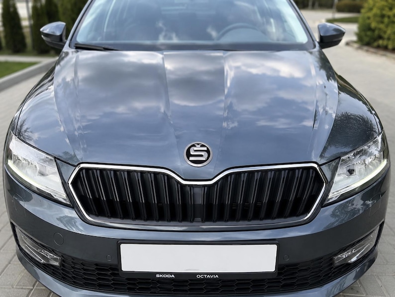 Może przedstawiać: Szary samoch&oacute;d Skoda Octavia, widok z przodu. Samoch&oacute;d ma czarną kratkę, reflektory i białe miejsce na tablicę rejestracyjną. Logo Skody znajduje się nad kratką.