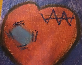 Red Heart Painting with ECG Line on Purple