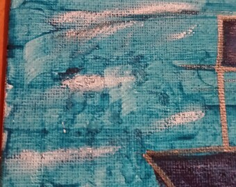 Naive Art Boat Painting, Textured Blue Seascape