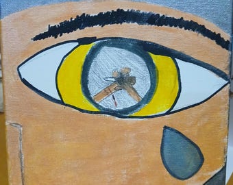Crying Eye Painting, Vibrant Cubist Style Art