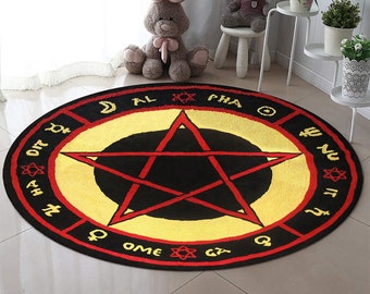 The Love Witch Patterned Rug, Astrology Rug, Movie Decor, Red Pentagram, Zombie Pentagram, Satan Rug, Voodoo Decor, Circle Rug, Round Rug