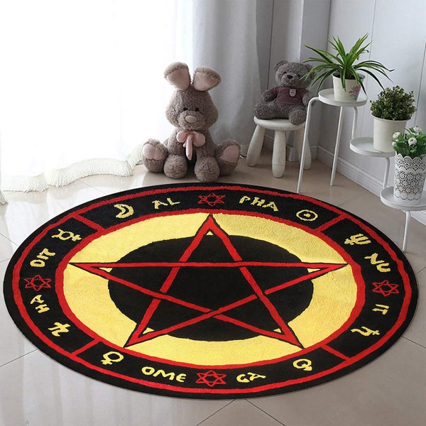 The Love Witch Patterned Rug, Astrology Rug, Movie Decor, Red Pentagram, Zombie Pentagram, Satan Rug, Voodoo Decor, Circle Rug, Round Rug