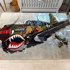 War Plane Rug, Pop Art Rug, Spitfire Rug, Aviation Rug, For Living Room, Plane Decor, Fighter Rug, WW2 Decor Rug, Boys Room, Gift For Him