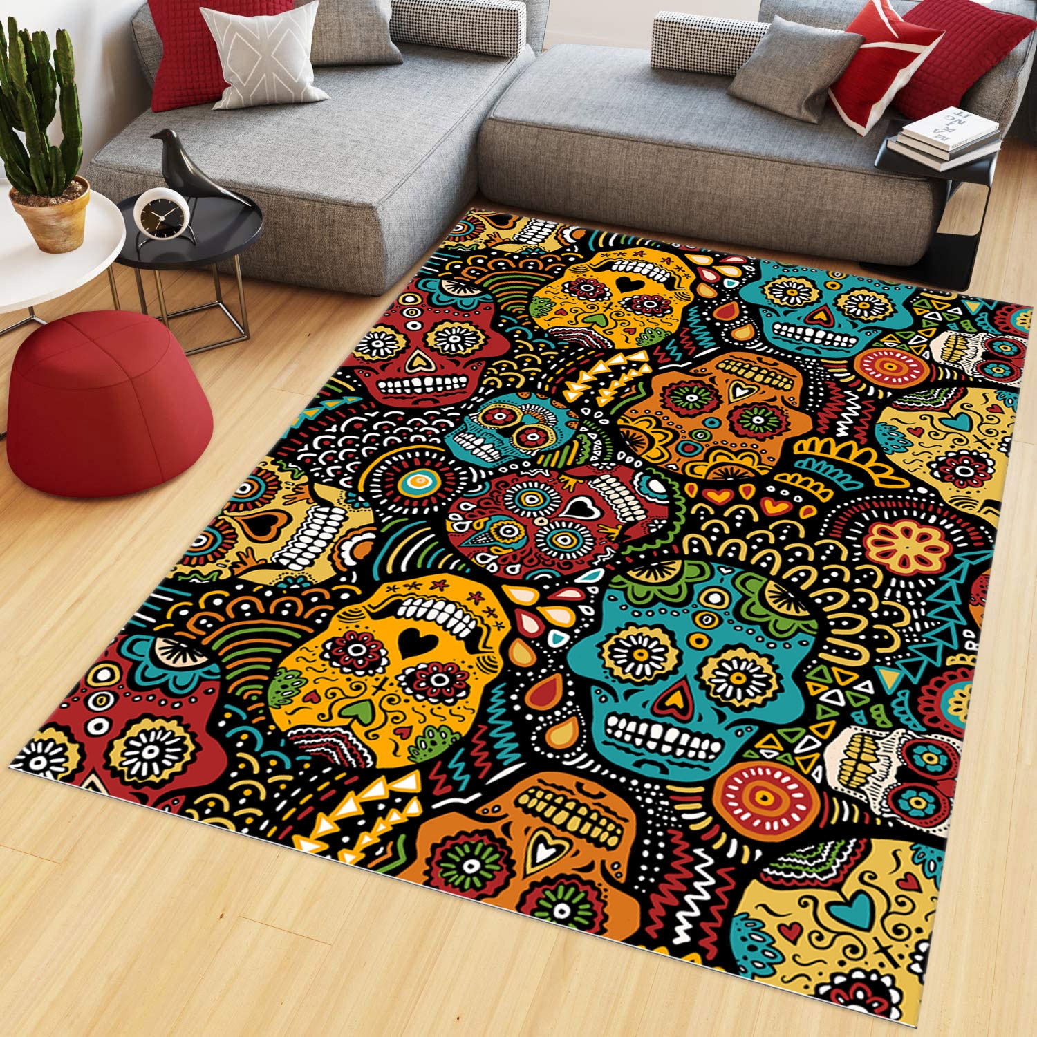 Discover Skull Rug, Sugar Skull Rug, Modern Rug, Gift For Him Her, Flowers Rug, Colorful Rug, Living Room Rugs, Floor Rug, Conpemtorary Rug, Decor