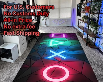 May include: A rectangular area rug featuring a geometric, low-poly pattern in shades of blue, purple, and black. The design includes large, glowing neon-style symbols: a square, a triangle, an X, and a circle arranged vertically on the surface.