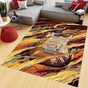 Op de afbeelding: Een vintage-stijl elektrische gitaar met een vredesteken en bliksemontwerp, omringd door vlammen en rook, op een rood, oranje en geel tapijt.