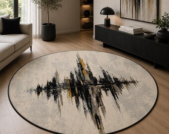 Abstract Skyline Round Rug, Modern Circle Carpet, Black Gold Area Rug, Contemporary Floor Mat, Minimalist Living Room Decor