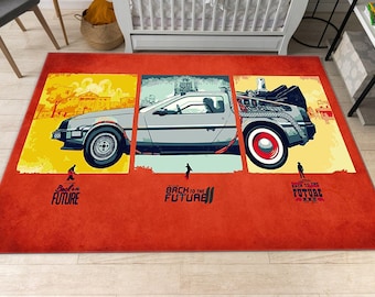 Tappeto Ritorno al Futuro, Tappeto Film Retrò, Tappeto Macchina del Tempo, Tappeti per Soggiorno, Arredamento Ufficio, Regalo per Lui e per Lei, Tappeto Rosso-Arancio, Tappeto da Pavimento