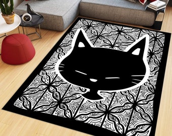 Alfombra de gato, alfombra blanca negra, decoración de arte, alfombra de moda, regalo para él ella, alfombra de habitación para niños, alfombra de oficina, alfombra popular, alfombra de ilustración, alfombra vertical