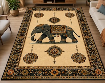 Elephant Area Rug, Boho Animal Carpet, Vintage Floral Floor Mat, Mandala Home Decor, Wildlife Living Room Rug, Nature Inspired Gift