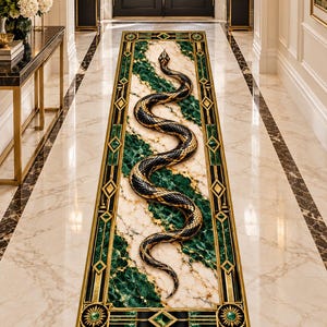 May include: A rectangular runner rug featuring a central black and gold snake motif set against a marbled background of white and deep green. The rug is framed by a geometric gold and black border with circular accents at the corners.