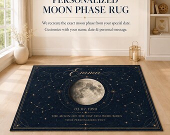 Personalized Moon Phase Rug, Custom Name and Special Date Celestial Area Rug, Night Sky Keepsake Gift for Birthday or Anniversary