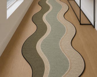 Green Wavy Runner, Abstract Hallway Rug,Green Beige Carpet, Organic Shape Entryway Rug, Minimalist Kitchen Runner, Scandinavian Decor
