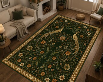 Peacock Area Rug, Vintage Floral Rug, Dark Green Persian Carpet, Botanical Living Room Decor, Cottagecore Home Accent Mat