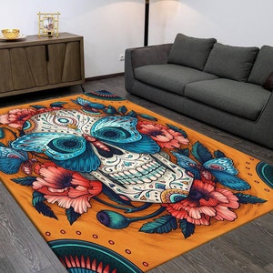 Skull Rug, Sugar Skull Rug, Modern Rug, Gift For Him Her, Flowers Rug, Butterfly Rug, Living Room Rugs, Floor Rug, Conpemtorary Rug, Decor