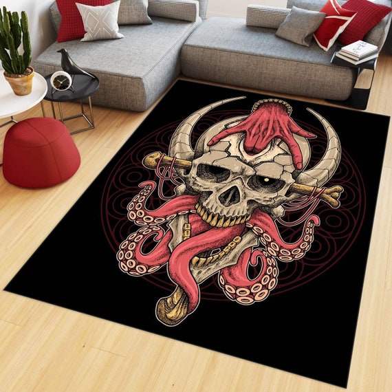 Skull Octopus Rug, Gothic Satanic Decor, Living Room Rug