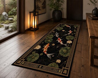 Japanese Koi Fish Runner Rug, Lotus Pond Hallway Runner, Zen Water Garden Carpet, Asian Black Kitchen Rug, Entryway Home Decor