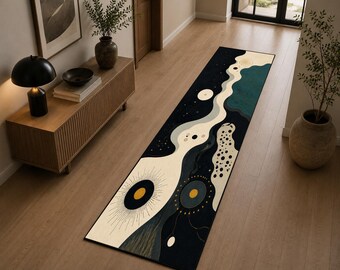 Abstract Modern Runner Rug, Japanese Zen Hallway Carpet, Black Cream Floor Mat, Minimalist Entryway Decor, Contemporary Kitchen Runner