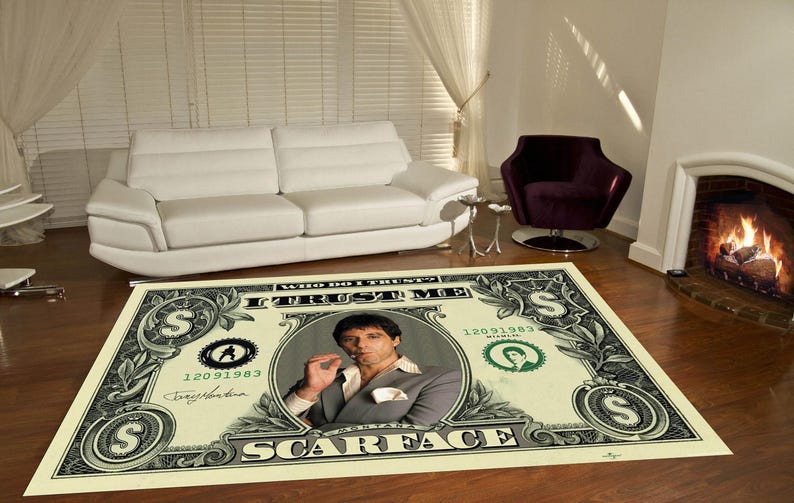Tony Montana Rug, Scarface Rug, Scarface Decor, Gift For Him Her, For Living Room, Mafia Theme Rug, USA Dollar Rug, Dollar Bill Rug,Area Rug image 2
