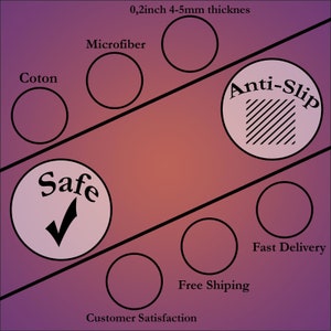 May include: A graphic with a pink background and black text. The graphic highlights the benefits of a product, including safe, anti-slip, microfiber, cotton, fast delivery, free shipping, and customer satisfaction.