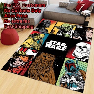 May include: A rectangular area rug featuring a comic book style grid of Star Wars characters including Darth Vader, Yoda, Han Solo, C-3PO, Chewbacca, a Stormtrooper, and Boba Fett, with the white Star Wars logo centered on a black background.