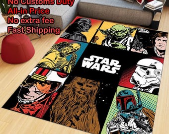 May include: A rectangular area rug featuring a comic book style grid of Star Wars characters including Darth Vader, Yoda, Han Solo, C-3PO, Chewbacca, a Stormtrooper, and Boba Fett, with the white Star Wars logo centered on a black background.