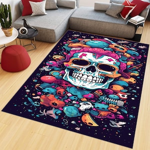 Skull Rug, Sugar Skull Rug, Modern Rug, Gift For Him Her, Flowers Rug, Colorful Rug, Living Room Rugs, Floor Rug, Conpemtorary Rug, Decor