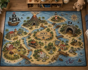 Personalized Pirate Play Mat, Treasure Island Kids Room Decor, Adventure Map Floor Mat, Custom Name Nursery Gift, Nautical Playroom Decor,