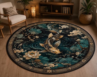 Japanese Koi Fish Round, Lotus Pond Rug, Zen Water Garden Carpet, Asian Decoration, Entryway Home Decor
