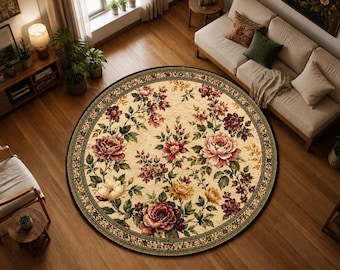 Round Floral Rug, Vintage Peony Area Rug, Cottagecore Carpet, Botanical Living Room Decor, French Country Rug, Boho Floor Mat