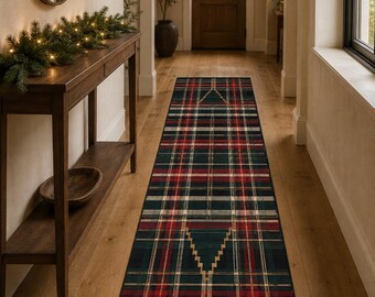 Christmas Plaid Runner Rug, Holiday Hallway Decor, Red Green Winter Floor Mat, Festive Entryway Accent