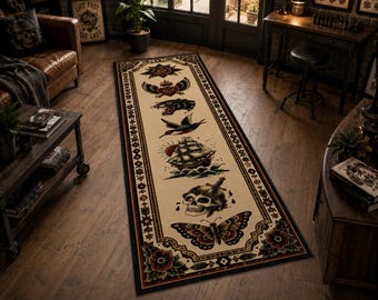 Traditional Tattoo Runner Rug, Vintage Flash Art Hallway Rug, Skull Panther Swallow Ship Carpet, Gothic Entryway Kitchen Decor