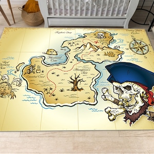 Alfombra con mapa pirata, alfombra con mapa del tesoro, decoración de habitación infantil, alfombra con mapa de isla, regalo para niños, alfombra de piso, regalo de cumpleaños personalizado, alfombra de juego