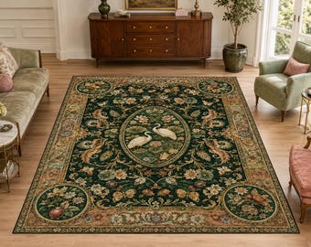 Elegant Heron Area Rug, Botanical Floral Floor Mat, Nature Inspired Home Decor, Classic Garden Accent Rug, Luxury Living Room Decor