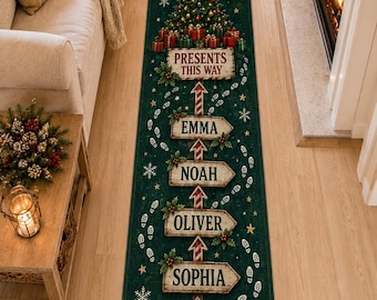 Personalized Christmas Runner Rug, Custom Family Name Gift Path for Hallway or Entryway