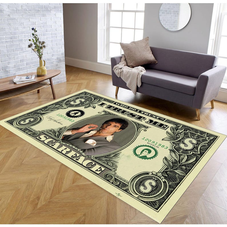 Tony Montana Rug, Scarface Rug, Scarface Decor, Gift For Him Her, For Living Room, Mafia Theme Rug, USA Dollar Rug, Dollar Bill Rug,Area Rug image 1