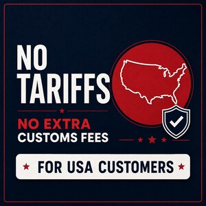 The image is a graphic design with a bold statement "NO TAIRFS" in white text, accompanied by a red outline of the United States. Below the main text, there is a shield with a checkmark, indicating a positive outcome or agreement. The phrase "NO EXTRA CUSTOMS FEES" is written in white, and the phrase "FOR USA CUSTOMERS" is written in red. The image is a single, cohesive design with a clear message and minimal redundancy.