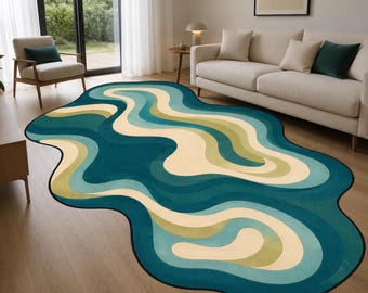 Abstract Wavy Area Rug, Organic Shape Carpet, Modern Floor Mat, Teal Blue Green Home Decor, Irregular Living Room Accent Rug