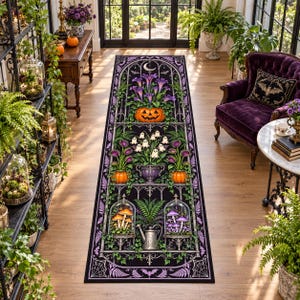 May include: A rectangular runner rug featuring a black background with a gothic-inspired botanical design. The print displays stacked shelves containing purple flowers, a jack-o'-lantern, ghost-shaped blossoms, mushrooms, and a watering can.