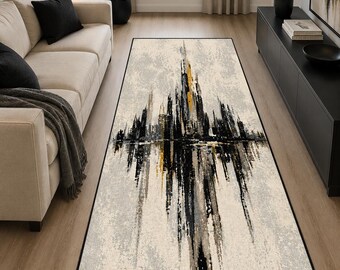 Abstract Skyline Runner Rug, Modern Hallway Carpet, Black Gold Area Rug, Contemporary Floor Mat, Minimalist Living Room Decor