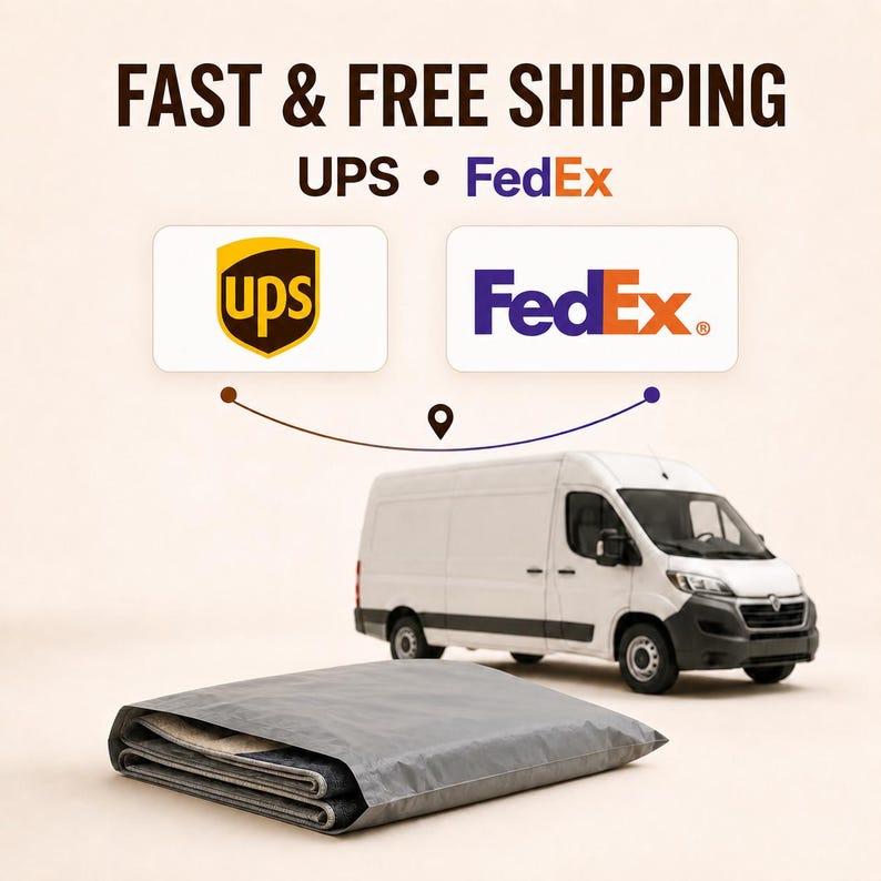 a white van and a gray package, with the text "Fast & Free Shipping" and "UPS" and "FedEx" logos above them.