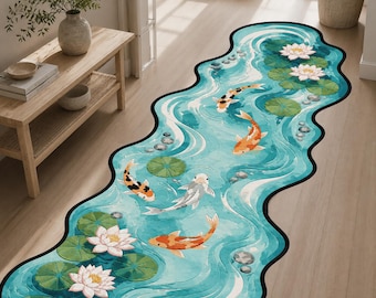 Koi Fish Area Rug, Lotus Pond Floor Covering, Irregular Water Garden Decor, Japanese Zen Accent, Nature Inspired Home Gift, Runner Rug