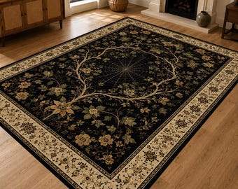 Spider Web Area Rug, Gothic Floral Carpet, Dark Cottagecore Decor, Vintage Botanical Rug, Witchy Living Room Accent, Halloween Home