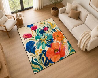Colorful Floral Area Rug, Watercolor Bloom Floor Mat, Botanical Living Room Decor, Modern Flower Accent Rug, Nature Inspired Home Gift