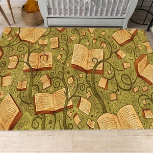Book Theme Rug, Library Rug, Modern Rug, Gift For Him Her, Flowers Rug, Colorful Rug, Living Room Rugs, Floor Rug, Conpemtorary Rug, Decor image 2