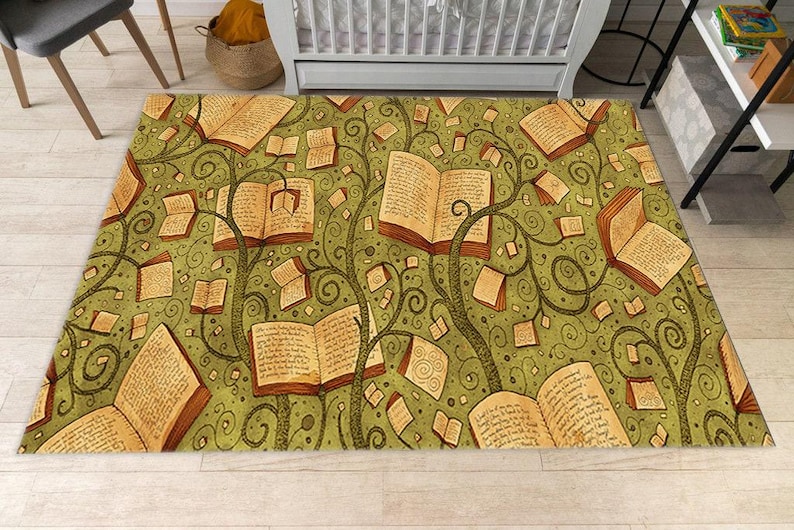 Book Theme Rug, Library Rug, Modern Rug, Gift For Him Her, Flowers Rug, Colorful Rug, Living Room Rugs, Floor Rug, Conpemtorary Rug, Decor image 2
