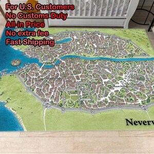 May include: A rectangular area rug featuring a detailed fantasy map of the city of Neverwinter. The map displays a walled urban layout with a central river, various districts, and coastal features, with the text Neverwinter printed in the corner.