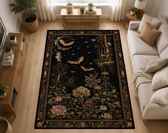 Bat Area Rug, Gothic Floral Carpet, Moon Night Decor, Dark Academia Rug, Botanical Floor Mat, Halloween Home Decor, Nature Inspired