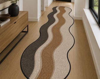 Modern Wavy Runner Rug, Abstract Hallway Runner, Neutral Beige Brown Carpet, Curved Area Rug, Entryway Kitchen Runner, Minimalist Home Decor